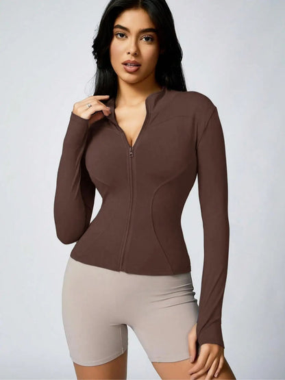 Women Solid Color Zipper Turtleneck Sports Jacket Long Sleeve Gym Top