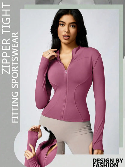 Women Solid Color Zipper Turtleneck Sports Jacket Long Sleeve Gym Top