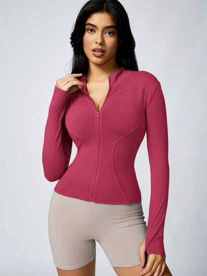 Women Solid Color Zipper Turtleneck Sports Jacket Long Sleeve Gym Top