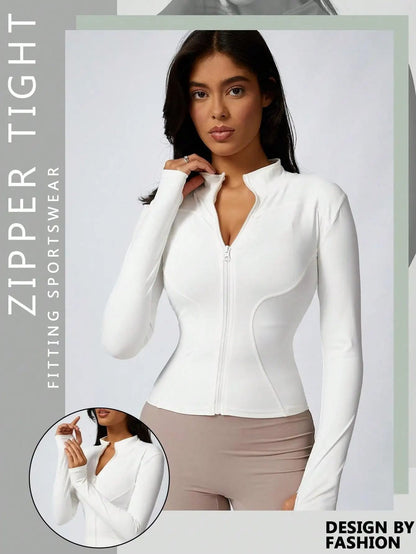 Women Solid Color Zipper Turtleneck Sports Jacket Long Sleeve Gym Top