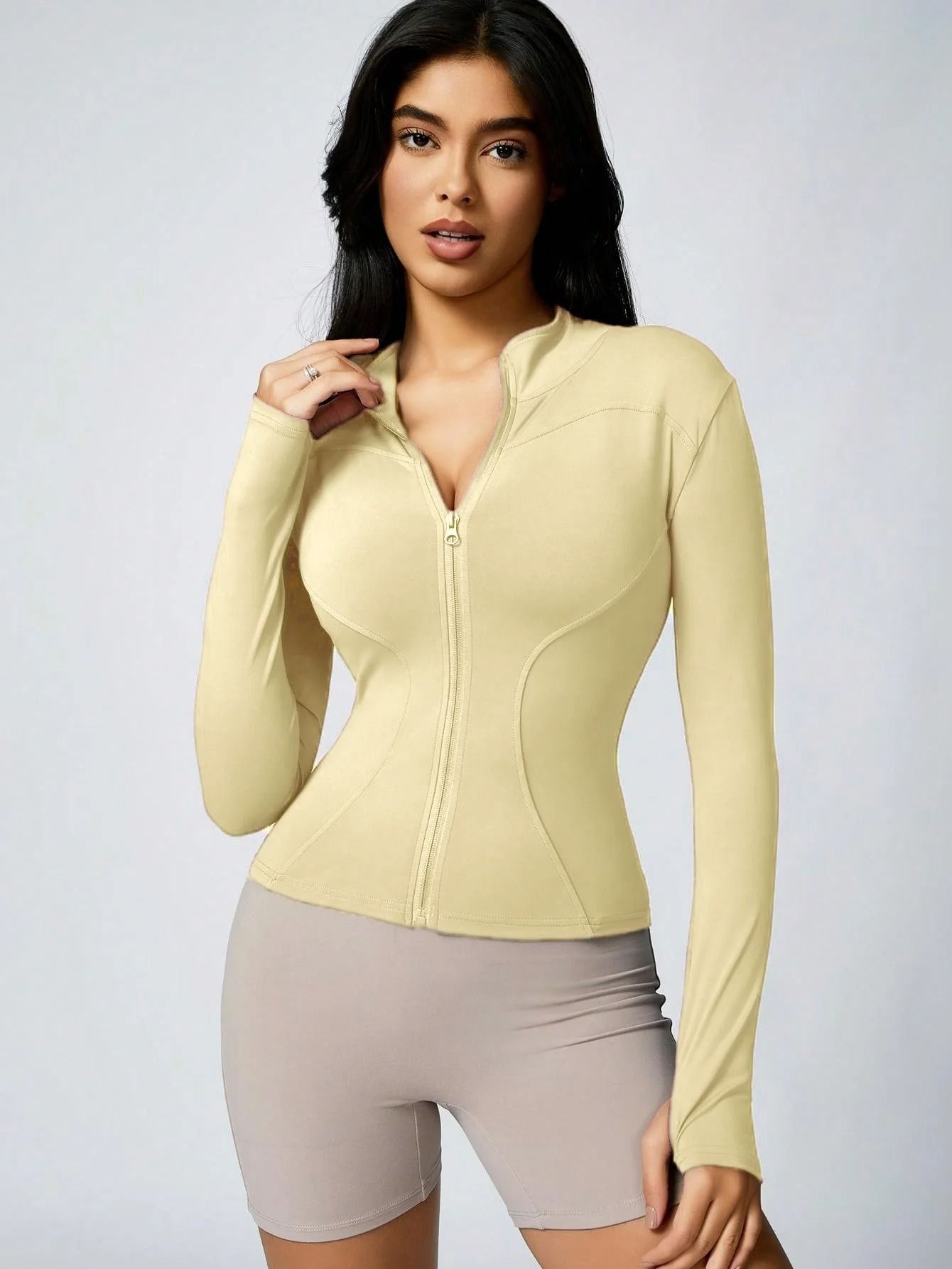 Women Solid Color Zipper Turtleneck Sports Jacket Long Sleeve Gym Top