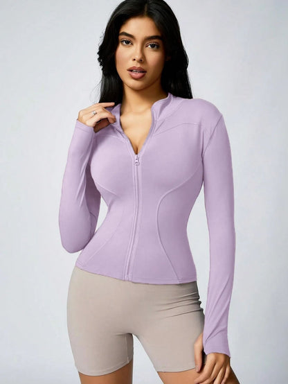 Women Solid Color Zipper Turtleneck Sports Jacket Long Sleeve Gym Top