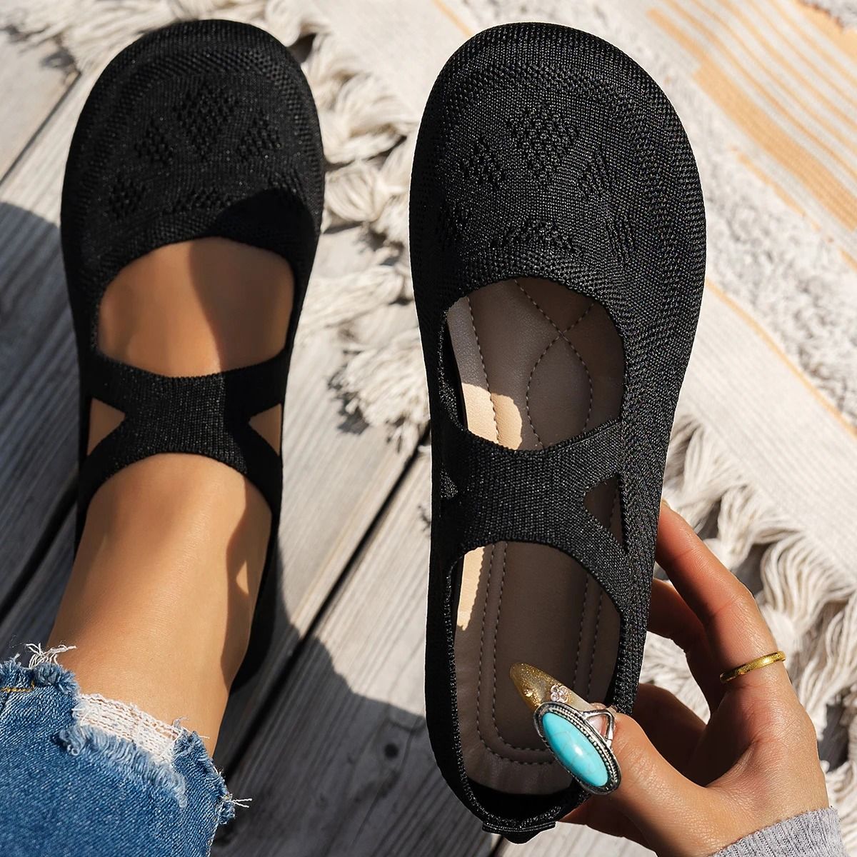 Knitted Mary Jane Ballet Shoes Round Toe Comfortable Flats
