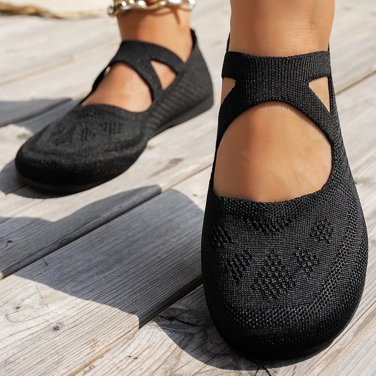 Knitted Mary Jane Ballet Shoes Round Toe Comfortable Flats