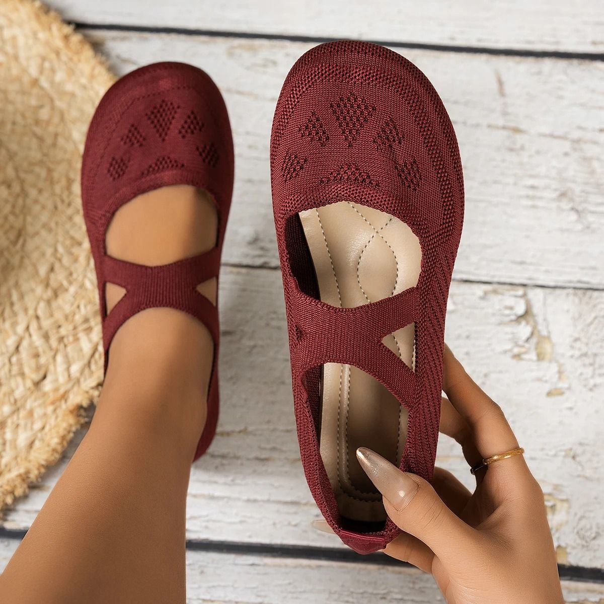 Knitted Mary Jane Ballet Shoes Round Toe Comfortable Flats