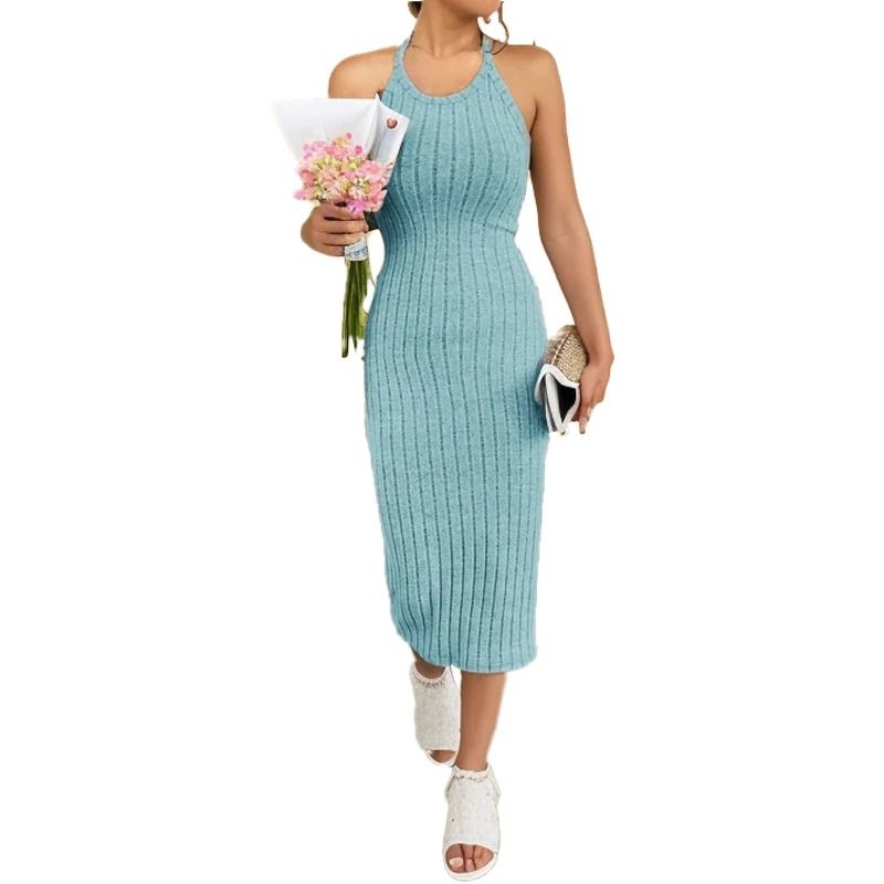 Solid Halter Neck Bodycon Midi Dress Slim Summer High Waist Elegant Style