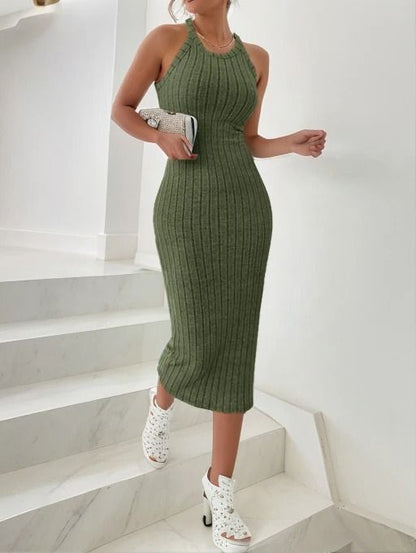 Solid Halter Neck Bodycon Midi Dress Slim Summer High Waist Elegant Style