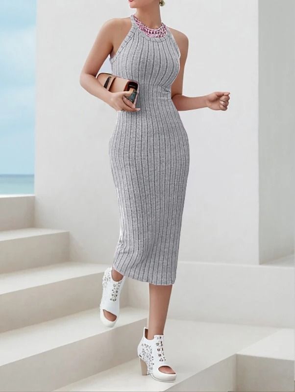 Solid Halter Neck Bodycon Midi Dress Slim Summer High Waist Elegant Style