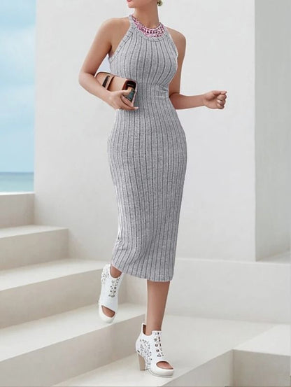 Solid Halter Neck Bodycon Midi Dress Slim Summer High Waist Elegant Style