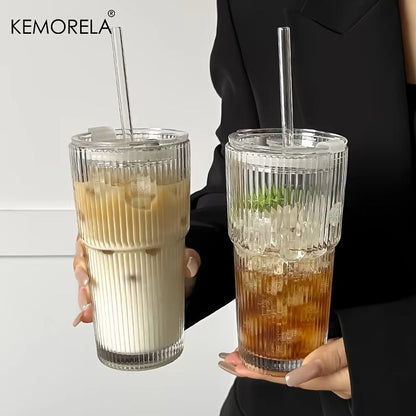 600ML (20.29fl oz) Striped Glass Coffee Cup – Transparent Drinking Mug with Optional Lid & Straw for Juice, Iced Coffee