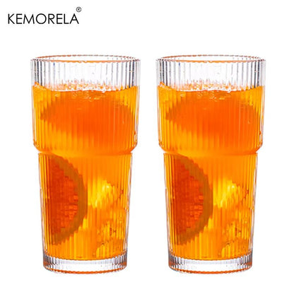 600ML (20.29fl oz) Striped Glass Coffee Cup – Transparent Drinking Mug with Optional Lid & Straw for Juice, Iced Coffee