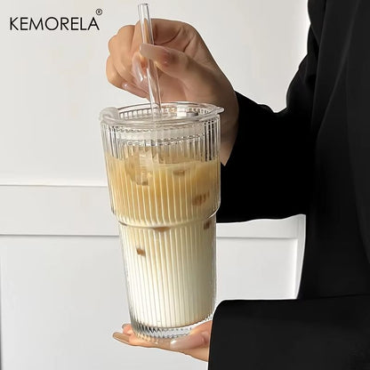 600ML (20.29fl oz) Striped Glass Coffee Cup – Transparent Drinking Mug with Optional Lid & Straw for Juice, Iced Coffee