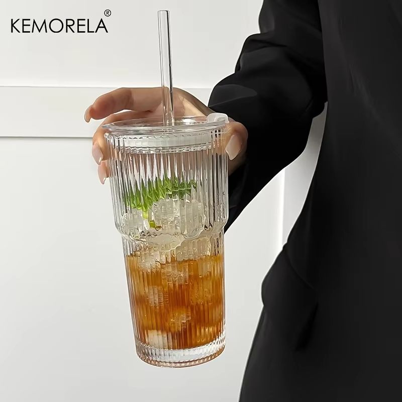 600ML (20.29fl oz) Striped Glass Coffee Cup – Transparent Drinking Mug with Optional Lid & Straw for Juice, Iced Coffee