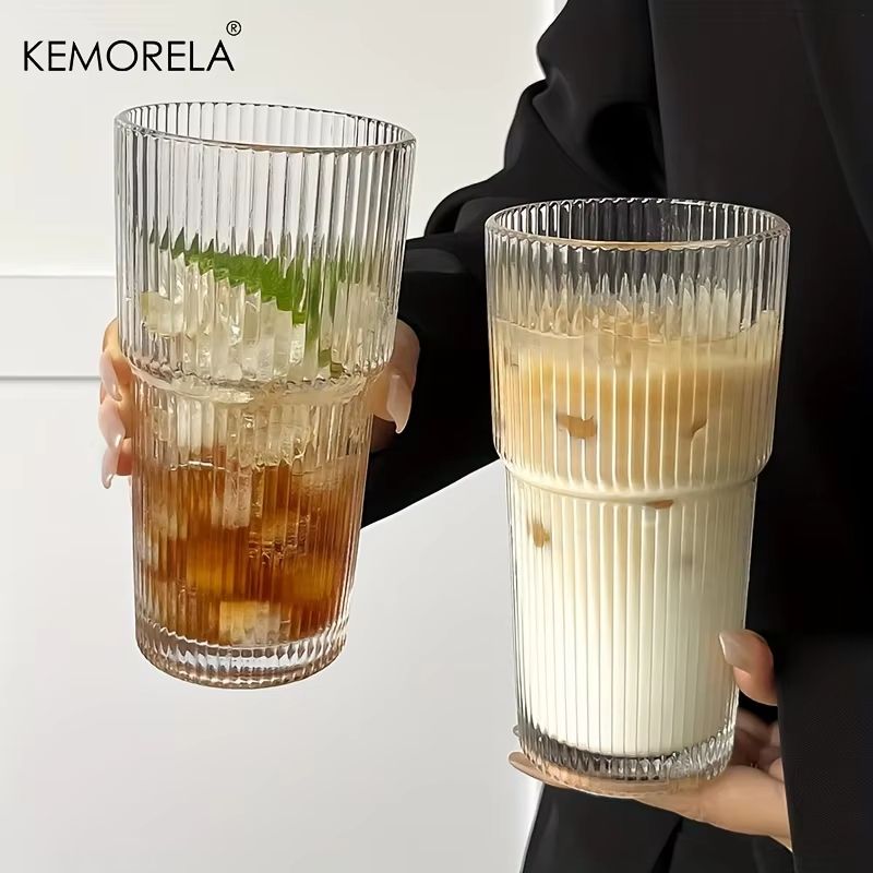 600ML (20.29fl oz) Striped Glass Coffee Cup – Transparent Drinking Mug with Optional Lid & Straw for Juice, Iced Coffee