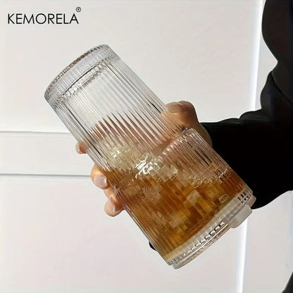 600ML (20.29fl oz) Striped Glass Coffee Cup – Transparent Drinking Mug with Optional Lid & Straw for Juice, Iced Coffee