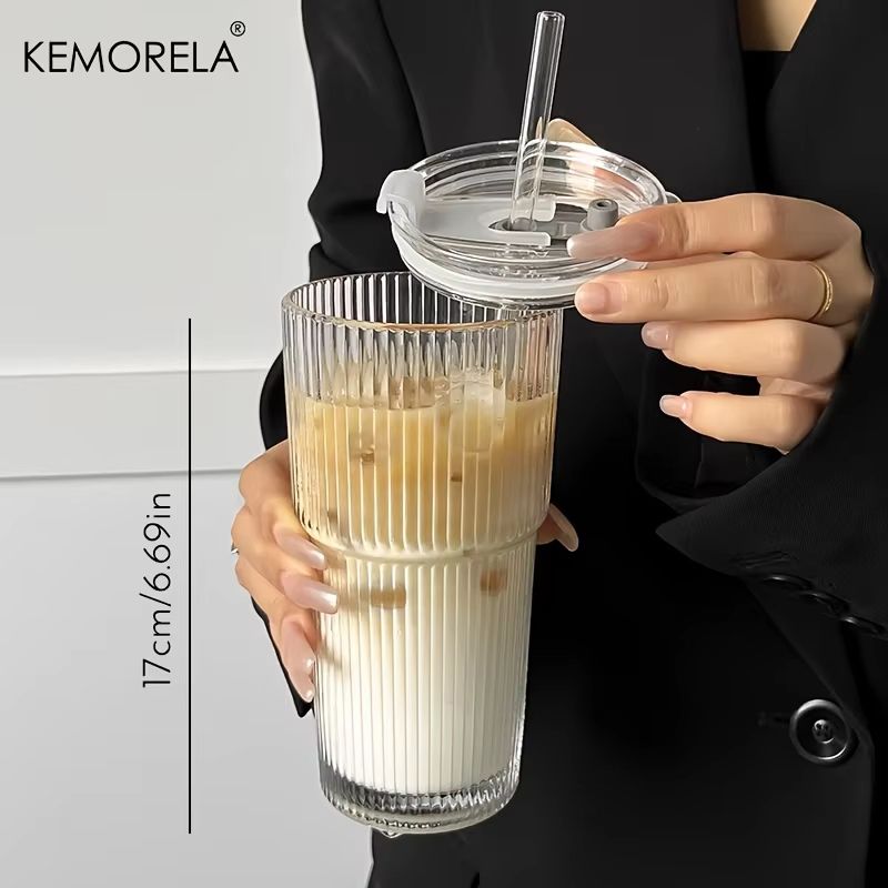 600ML (20.29fl oz) Striped Glass Coffee Cup – Transparent Drinking Mug with Optional Lid & Straw for Juice, Iced Coffee
