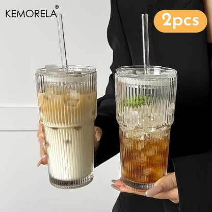 600ML (20.29fl oz) Striped Glass Coffee Cup – Transparent Drinking Mug with Optional Lid & Straw for Juice, Iced Coffee