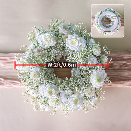 Elegant 2ft Tall White Rose Silk Flower Arrangement with Green Baby's Breath, Wedding Table Centerpiece Decor