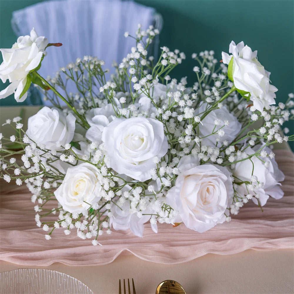 Elegant 2ft Tall White Rose Silk Flower Arrangement with Green Baby's Breath, Wedding Table Centerpiece Decor