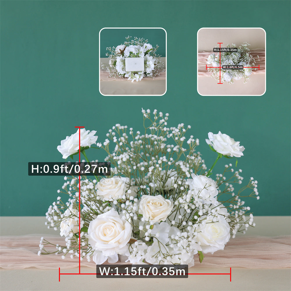 Elegant 2ft Tall White Rose Silk Flower Arrangement with Green Baby's Breath, Wedding Table Centerpiece Decor