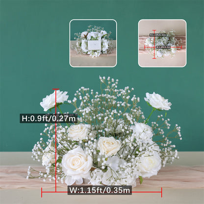 Elegant 2ft Tall White Rose Silk Flower Arrangement with Green Baby's Breath, Wedding Table Centerpiece Decor