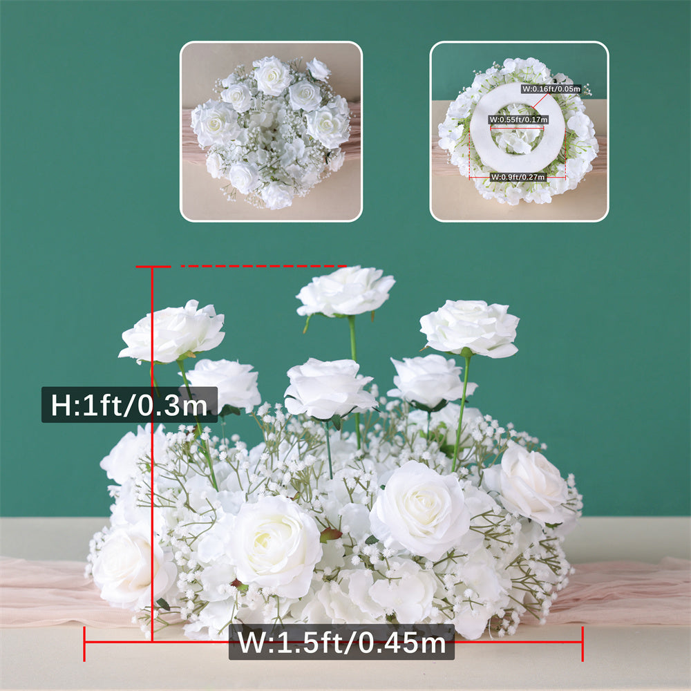Elegant 2ft Tall White Rose Silk Flower Arrangement with Green Baby's Breath, Wedding Table Centerpiece Decor