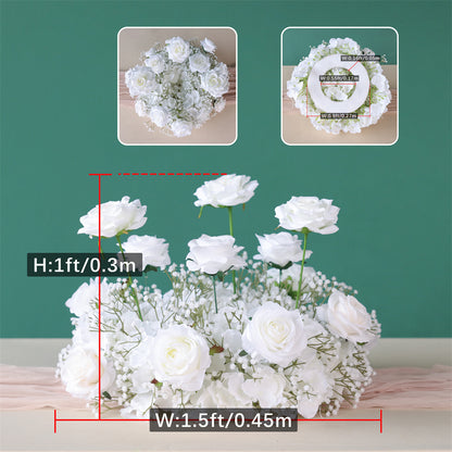 Elegant 2ft Tall White Rose Silk Flower Arrangement with Green Baby's Breath, Wedding Table Centerpiece Decor