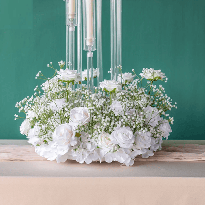 Elegant 2ft Tall White Rose Silk Flower Arrangement with Green Baby's Breath, Wedding Table Centerpiece Decor