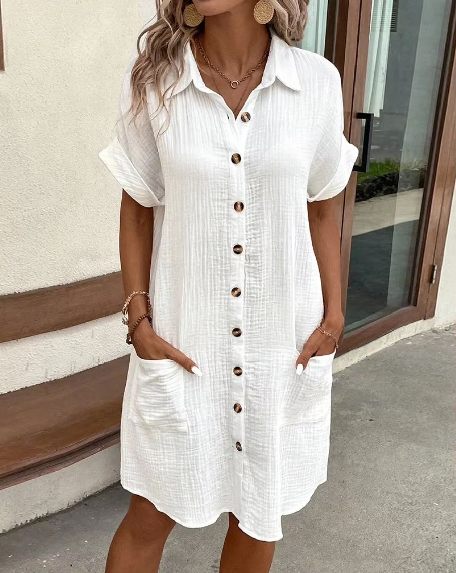 Vintage Cotton Linen Mini Dress – Casual V-Neck Summer Outfit with Three-Quarter Sleeves