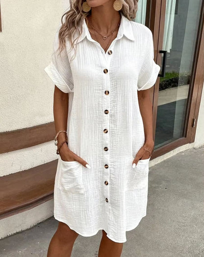 Vintage Cotton Linen Mini Dress – Casual V-Neck Summer Outfit with Three-Quarter Sleeves