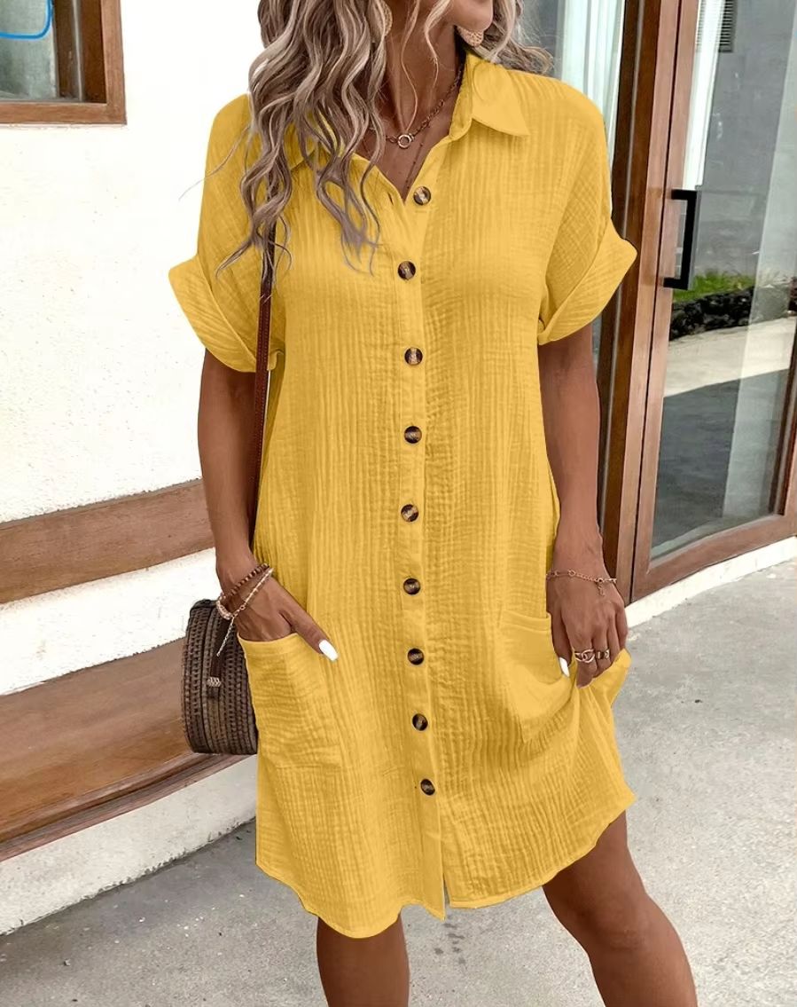 Vintage Cotton Linen Mini Dress – Casual V-Neck Summer Outfit with Three-Quarter Sleeves