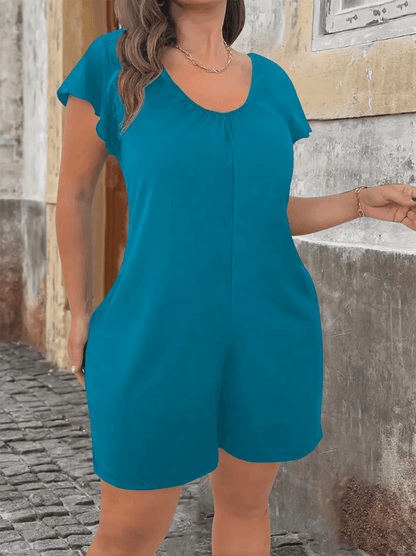 Plus Size V Neck Jumpsuit with Flounce Sleeves and Pockets Casual Chic Summer Outfit