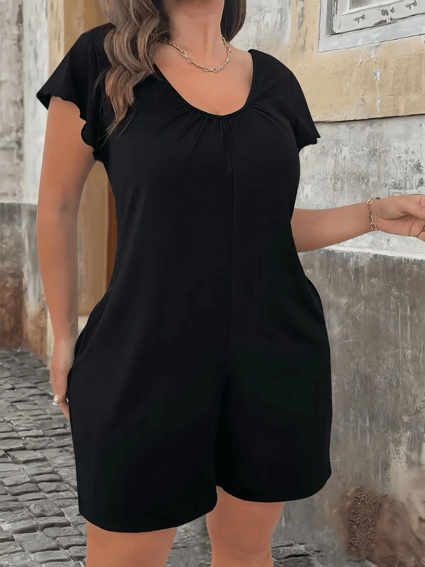 Plus Size V Neck Jumpsuit with Flounce Sleeves and Pockets Casual Chic Summer Outfit
