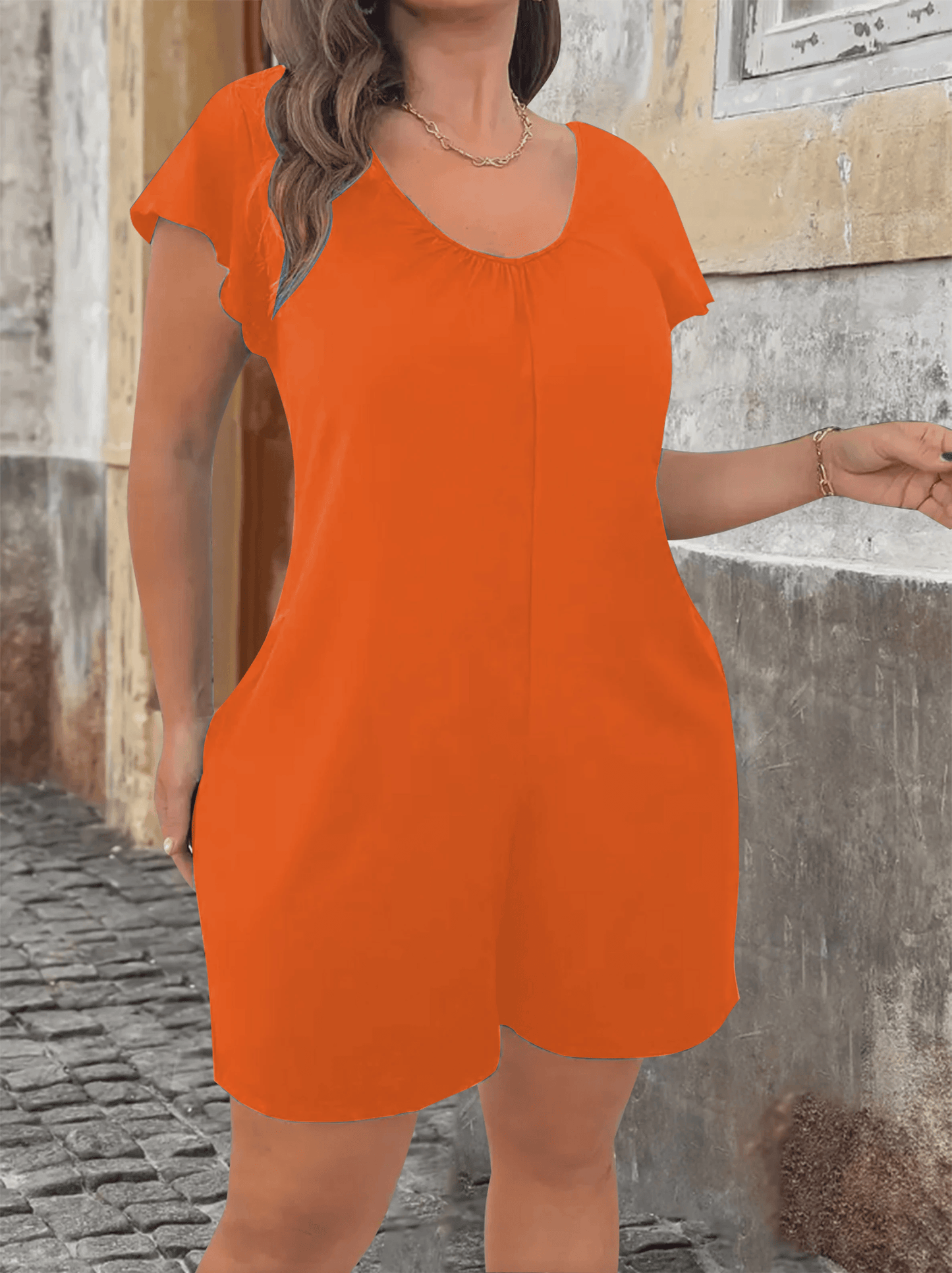 Plus Size V Neck Jumpsuit with Flounce Sleeves and Pockets Casual Chic Summer Outfit