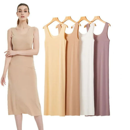 Women Ice Silk Slip Dress Seamless Midi Underdress with U Neck