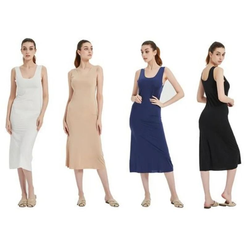 Women Ice Silk Slip Dress Seamless Midi Underdress with U Neck
