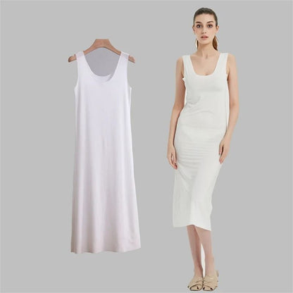 Women Ice Silk Slip Dress Seamless Midi Underdress with U Neck