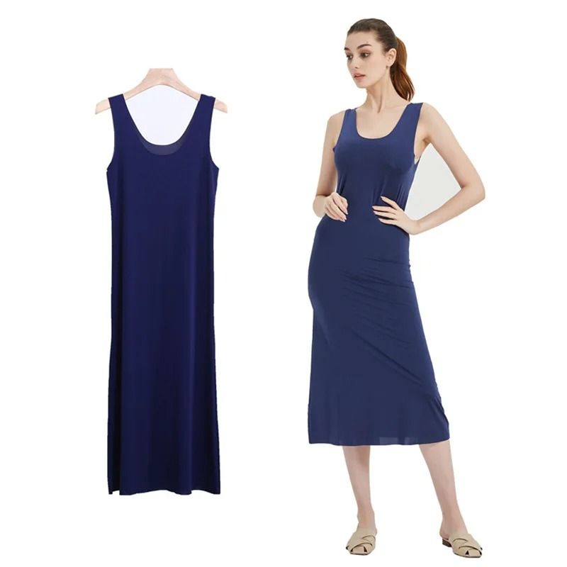 Women Ice Silk Slip Dress Seamless Midi Underdress with U Neck