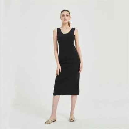 Women Ice Silk Slip Dress Seamless Midi Underdress with U Neck