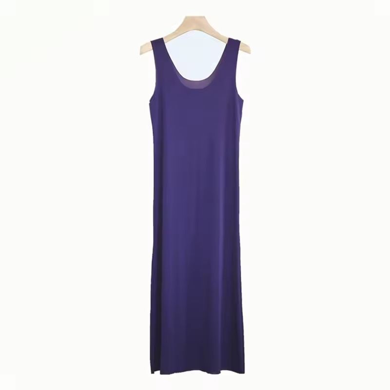 Women Ice Silk Slip Dress Seamless Midi Underdress with U Neck