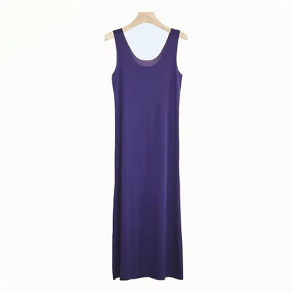 Women Ice Silk Slip Dress Seamless Midi Underdress with U Neck