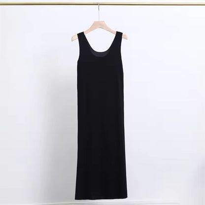 Women Ice Silk Slip Dress Seamless Midi Underdress with U Neck