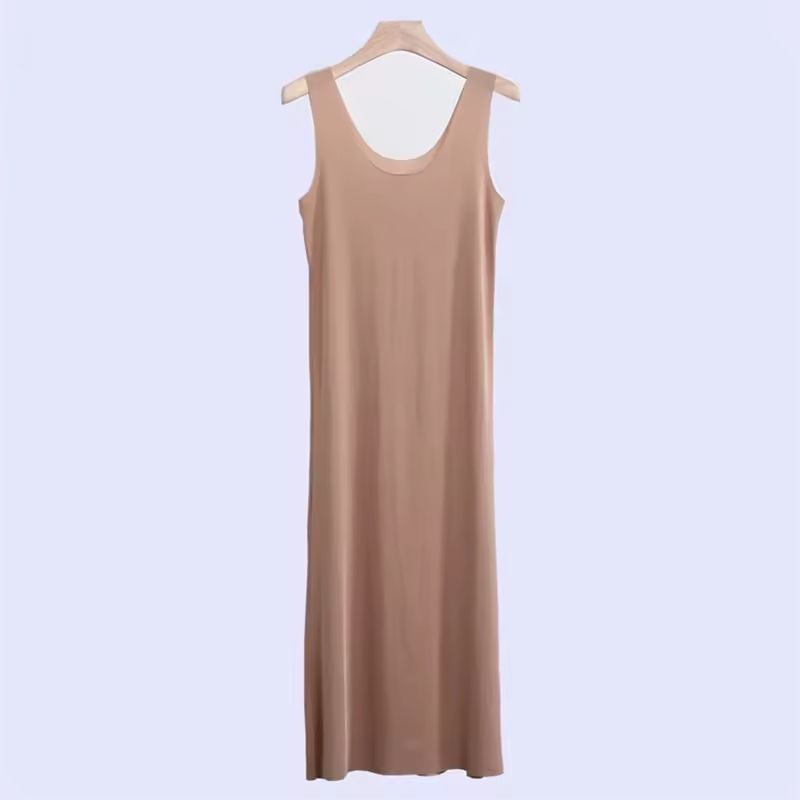 Women Ice Silk Slip Dress Seamless Midi Underdress with U Neck