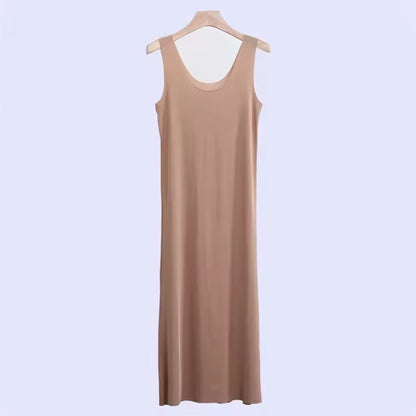 Women Ice Silk Slip Dress Seamless Midi Underdress with U Neck