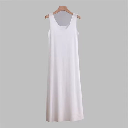 Women Ice Silk Slip Dress Seamless Midi Underdress with U Neck