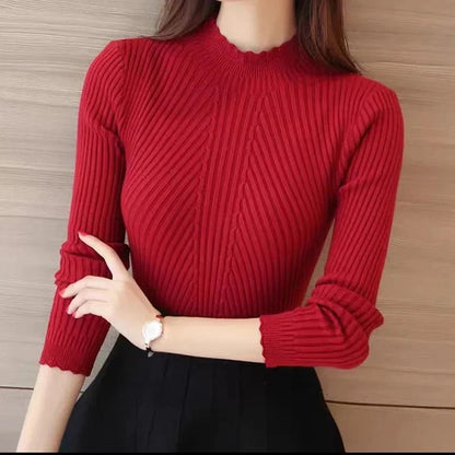 Women Mock Neck Ruffle Sweater Long Sleeve Knitted Pullover