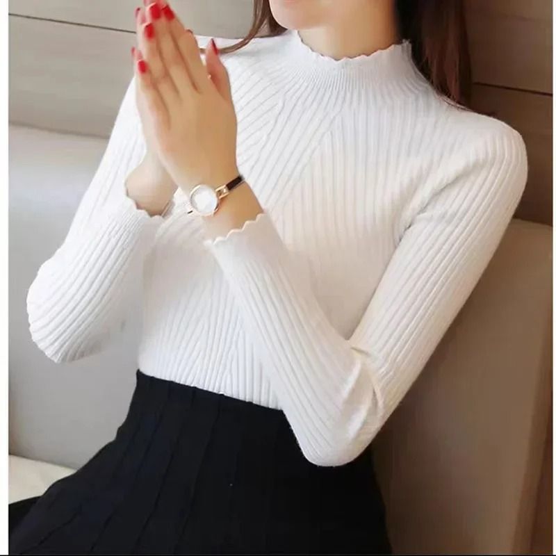Women Mock Neck Ruffle Sweater Long Sleeve Knitted Pullover