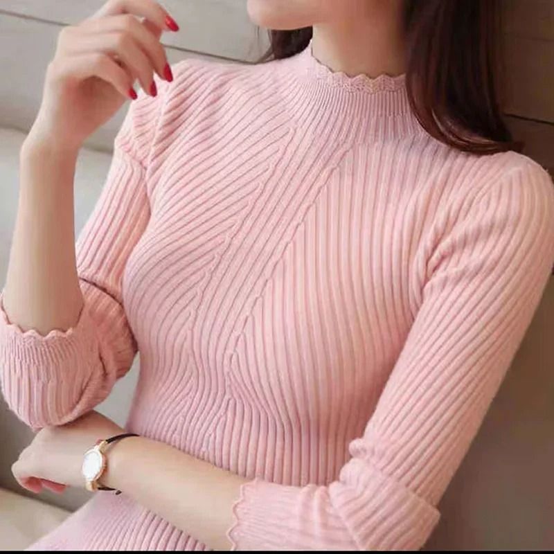 Women Mock Neck Ruffle Sweater Long Sleeve Knitted Pullover