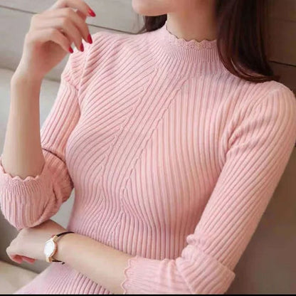 Women Mock Neck Ruffle Sweater Long Sleeve Knitted Pullover
