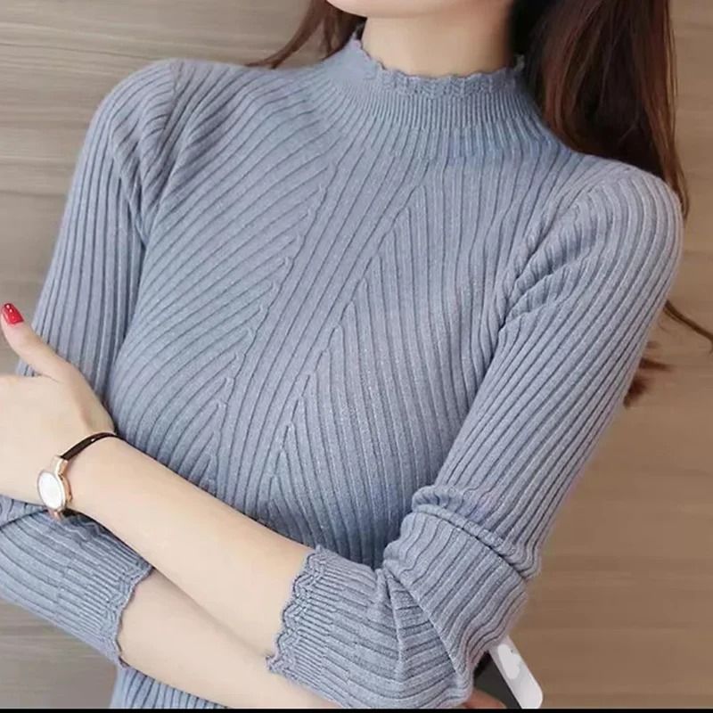 Women Mock Neck Ruffle Sweater Long Sleeve Knitted Pullover